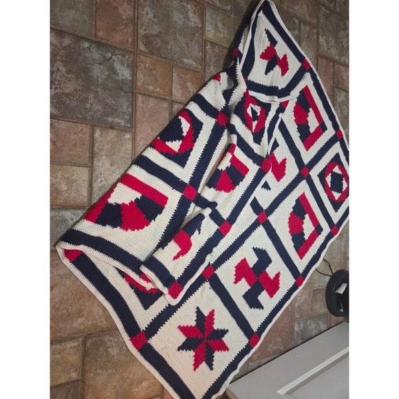 Vintage Handmade Crochet Afghan Blanket Quilt Red White Blue 72x62 Patriotic - Picture 2 of 3